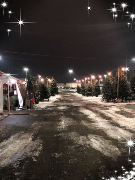 A B&J Trees Christmas tree lot lit up at night